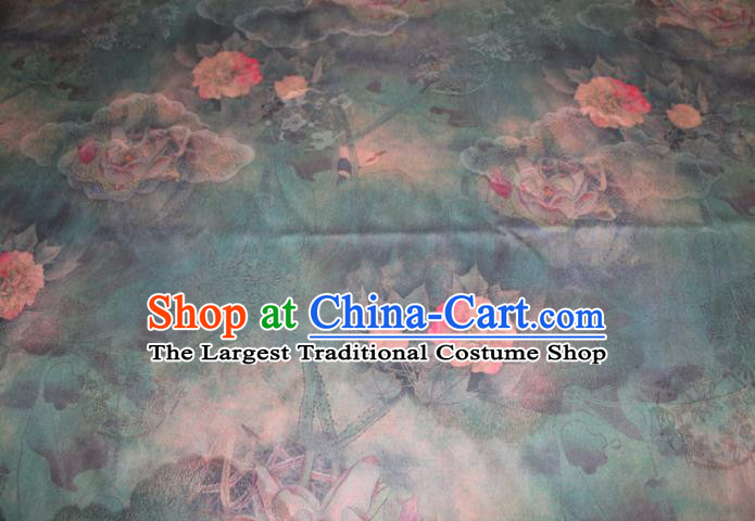 Chinese Classical Lotus Flowers Pattern Silk Drapery Traditional Gambiered Guangdong Gauze Cheongsam Dark Green Satin Fabric