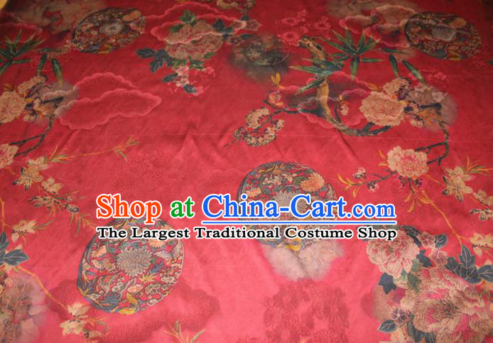 Chinese Classical Peony Chrysanthemum Pattern Silk Drapery Traditional Gambiered Guangdong Gauze Cheongsam Red Satin Fabric