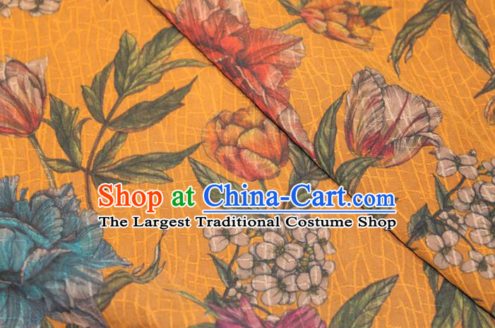 Chinese Classical Flowers Pattern Silk Drapery Traditional Gambiered Guangdong Gauze Cheongsam Yellow Satin Fabric