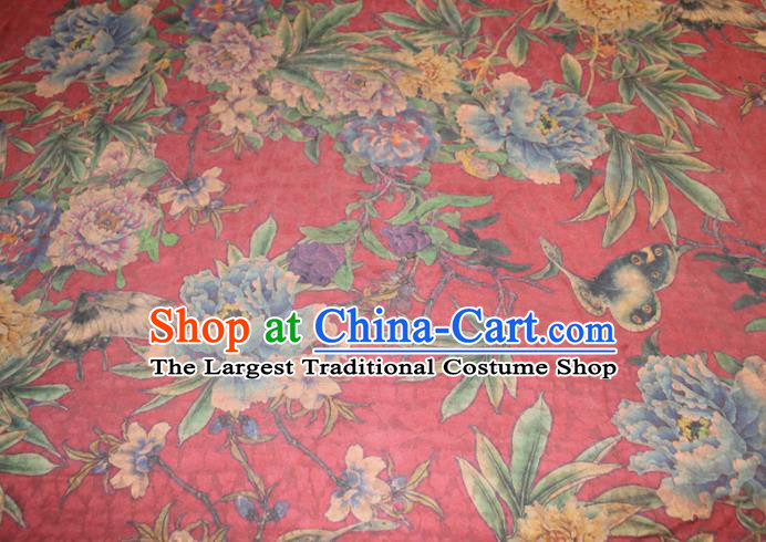 Chinese Classical Peony Butterfly Pattern Silk Drapery Traditional Gambiered Guangdong Gauze Cheongsam Red Satin Fabric