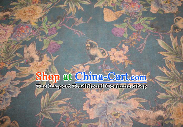 Chinese Classical Butterfly Peony Pattern Silk Drapery Traditional Gambiered Guangdong Gauze Cheongsam Navy Satin Fabric