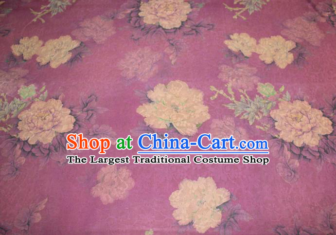 Chinese Classical Peony Pattern Silk Drapery Traditional Gambiered Guangdong Gauze Cheongsam Purple Satin Fabric