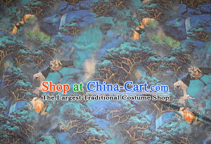 Chinese Cheongsam Blue Satin Fabric Traditional Ginger Gambiered Guangdong Gauze Classical Pinewood Pattern Silk Drapery