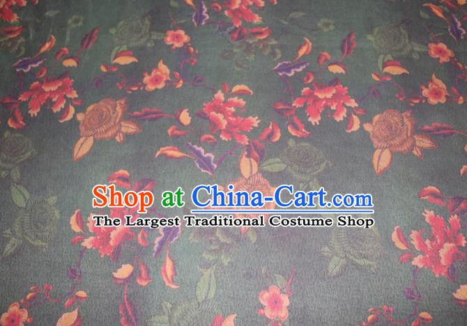 Chinese Cheongsam Deep Green Satin Fabric Traditional Ginger Gambiered Guangdong Gauze Classical Rose Pattern Silk Drapery