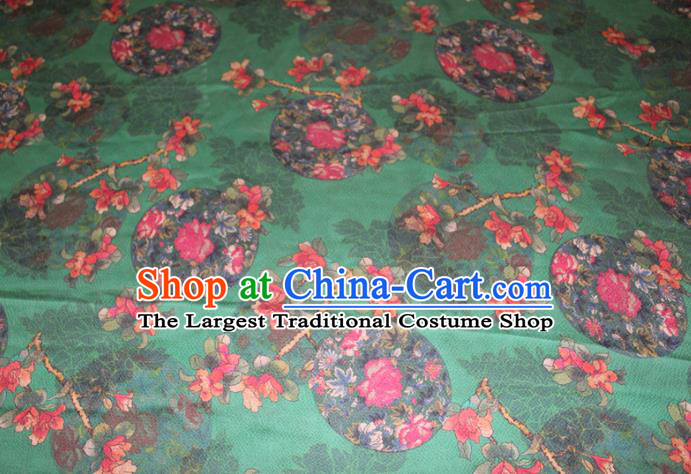 Chinese Traditional Green Gambiered Guangdong Gauze Cheongsam Satin Fabric Classical Rose Flowers Pattern Silk Drapery