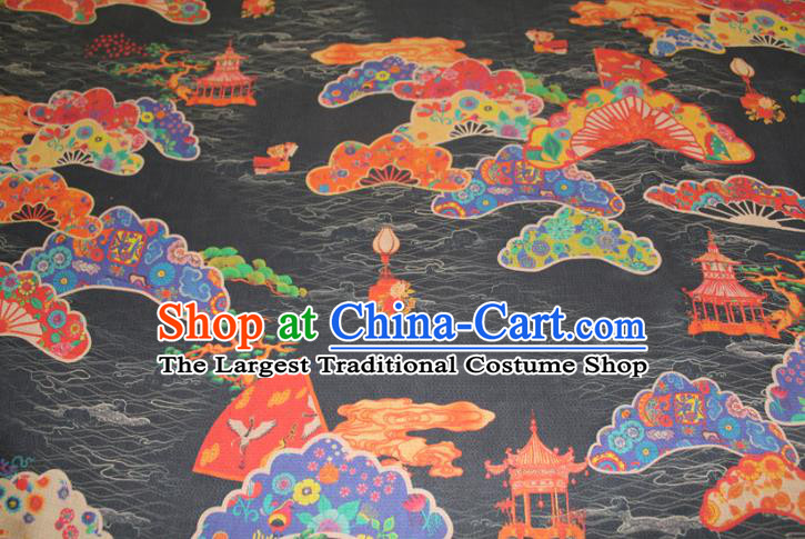 Chinese Traditional Black Gambiered Guangdong Gauze Cheongsam Satin Fabric Classical Palace Fan Pattern Silk Drapery