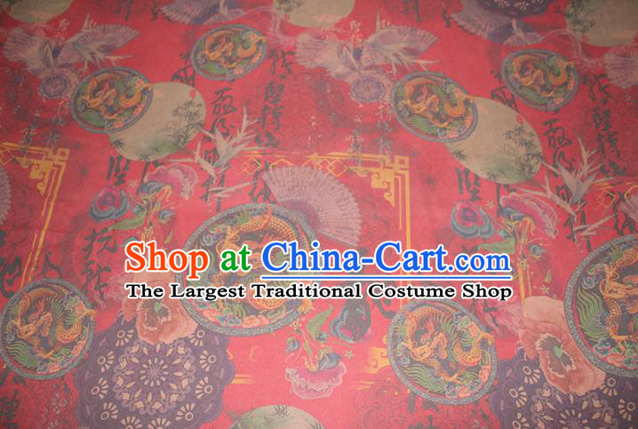 Chinese Cheongsam Red Satin Fabric Traditional Gambiered Guangdong Gauze Classical Bamboo Dragon Pattern Silk Drapery