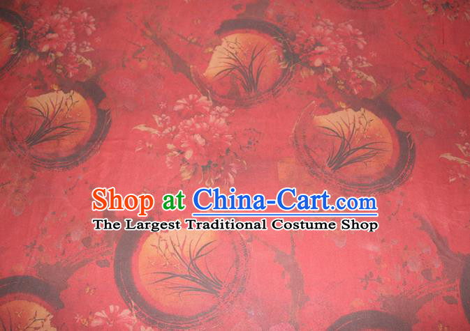 Chinese Cheongsam Satin Fabric Traditional Gambiered Guangdong Gauze Classical Orchids Peony Pattern Red Silk Drapery