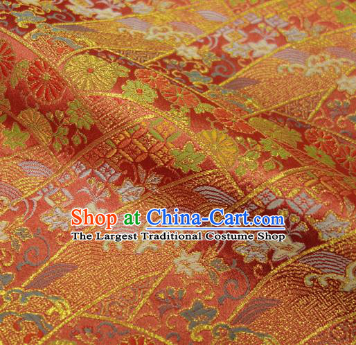 Asian Japanese Nishijin Red Tapestry Satin Traditional Chrysanthemum Pattern Design Brocade Kimono Fabric