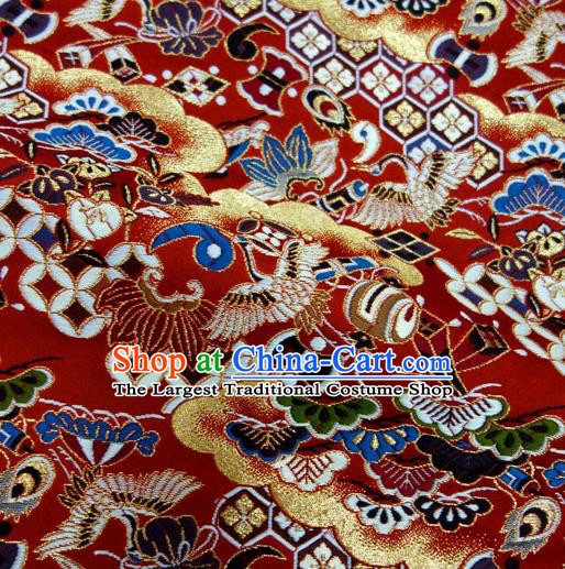 Asian Japanese Nishijin Tapestry Satin Kimono Fabric Traditional Crane Pattern Design Red Brocade