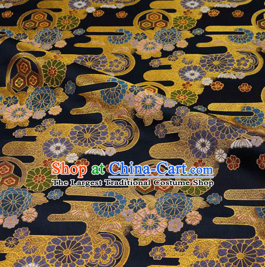 Asian Kimono Cloth Fabric Traditional Chrysanthemum Pattern Design Black Brocade Japanese Nishijin Tapestry Satin