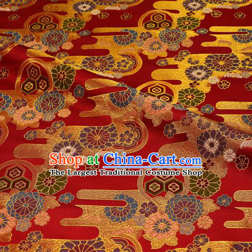 Asian Traditional Chrysanthemum Pattern Design Red Brocade Japanese Kimono Cloth Fabric Nishijin Tapestry Satin