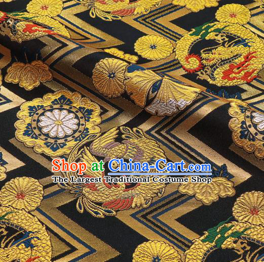 Asian Traditional Dragon Chrysanthemum Pattern Design Brocade Japanese Kimono Cloth Fabric Nishijin Black Tapestry Satin