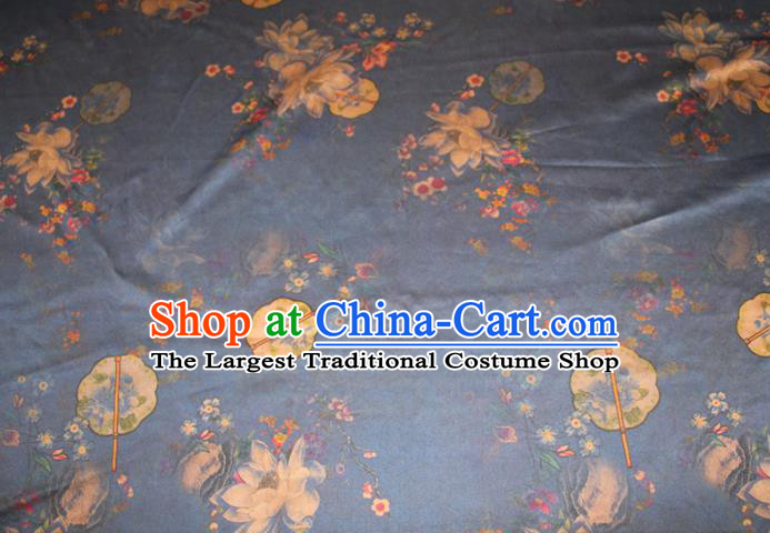 Chinese Cheongsam Navy Gambiered Guangdong Gauze Classical Lotus Fan Pattern Silk Drapery Traditional Fabric