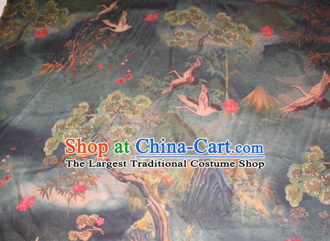 Chinese Classical Pine Cranes Pattern Silk Drapery Deep Green Gambiered Guangdong Gauze Traditional Cheongsam Fabric