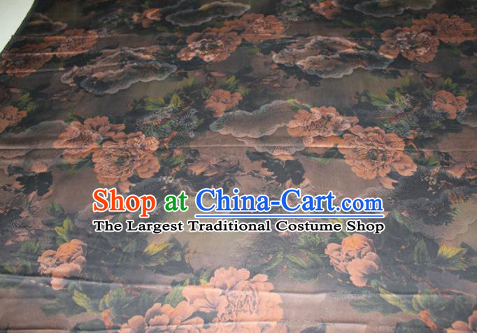 Chinese Traditional Deep Grey Gambiered Guangdong Gauze Cheongsam Satin Fabric Classical Peony Pattern Silk Drapery