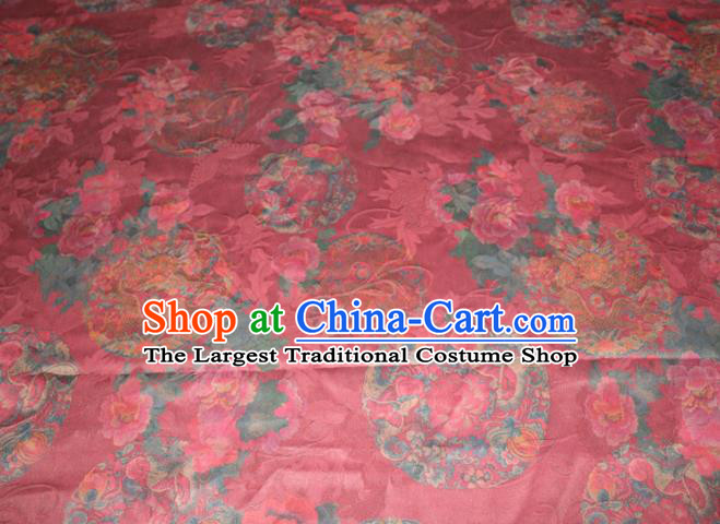 Chinese Traditional Red Gambiered Guangdong Gauze Cheongsam Satin Fabric Classical Dragon Peony Pattern Silk Drapery