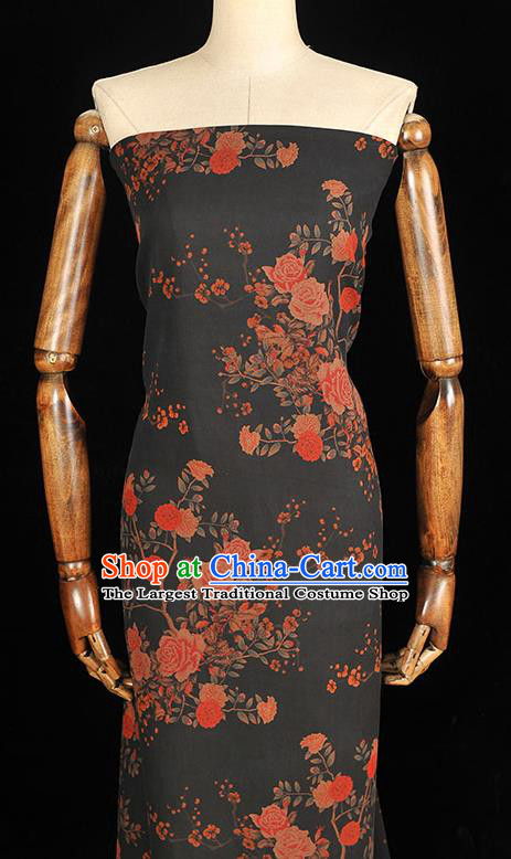 Chinese Classical Roses Pattern Gambiered Guangdong Gauze Cheongsam Silk Fabric Traditional Black Silk Drapery