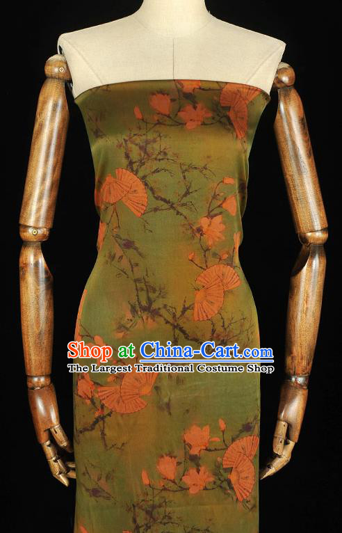 Chinese Traditional Classical Mangnolia Fan Pattern Gambiered Guangdong Gauze Silk Drapery Cheongsam Green Cloth Fabric