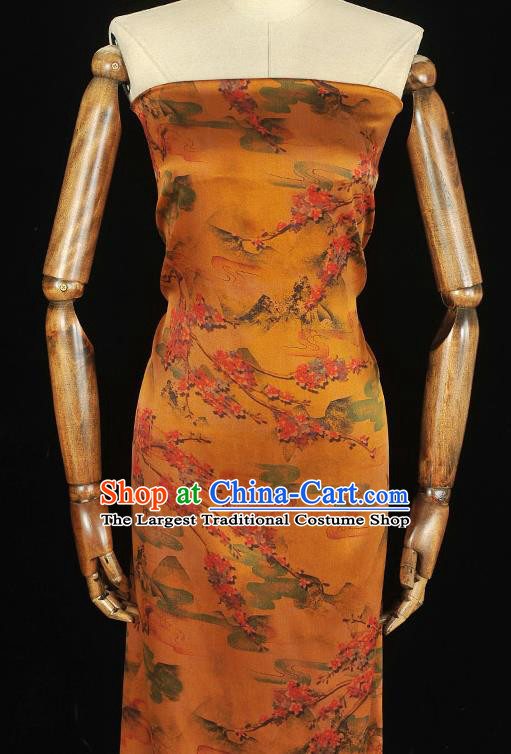 Chinese Traditional Classical Plum Pattern Orange Satin Silk Drapery Cheongsam Green Cloth Fabric Gambiered Guangdong Gauze