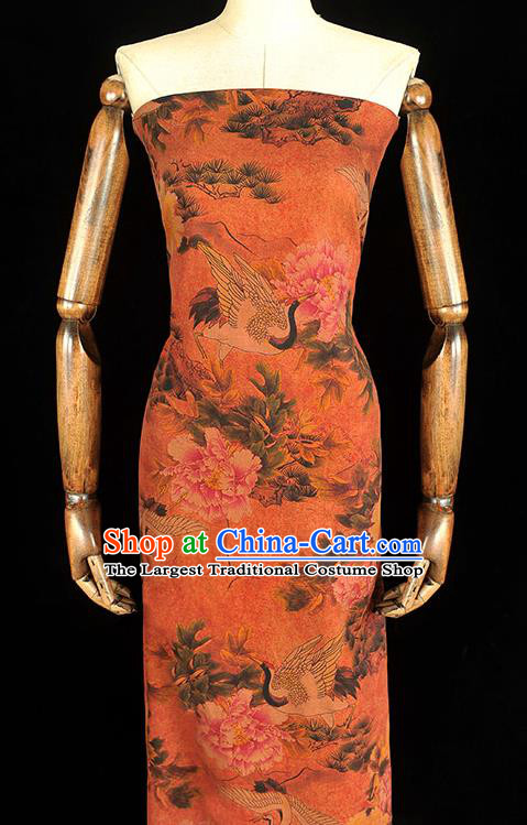 Chinese Traditional Red Silk Drapery Classical Crane Peony Pattern Satin Gambiered Guangdong Gauze Cheongsam Cloth Fabric