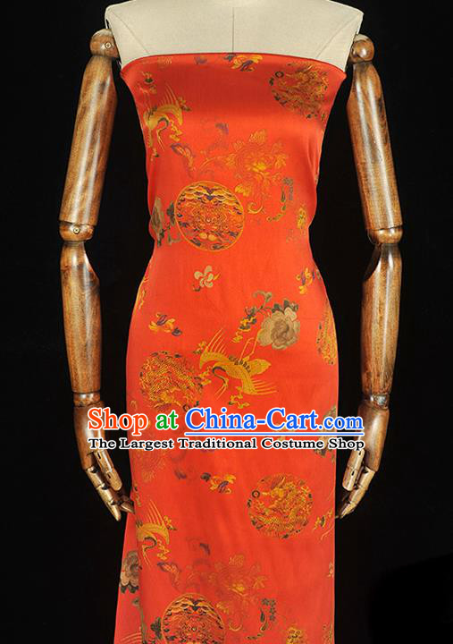 Chinese Red Gambiered Guangdong Gauze Classical Crane Dragon Pattern Silk Fabric Traditional Cheongsam Satin Cloth