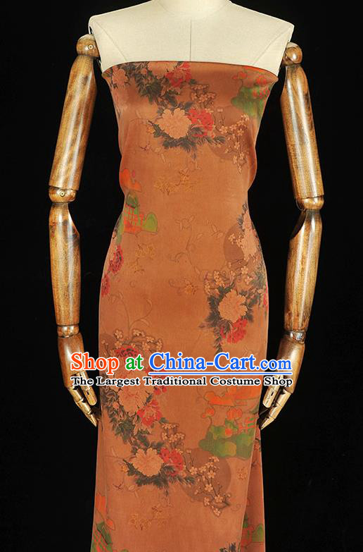 Chinese Gambiered Guangdong Gauze Traditional Cheongsam Light Brown Satin Cloth Classical Peony Plum Pattern Silk Fabric