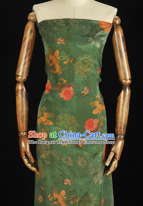 Chinese Classical Crane Peony Pattern Silk Gambiered Guangdong Gauze Fabric Traditional Cheongsam Green Satin Cloth