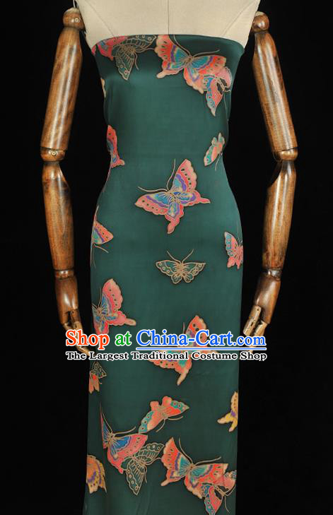 Chinese Traditional Deep Green Gambiered Guangdong Gauze Cheongsam Satin Cloth Classical Butterfly Pattern Silk Fabric