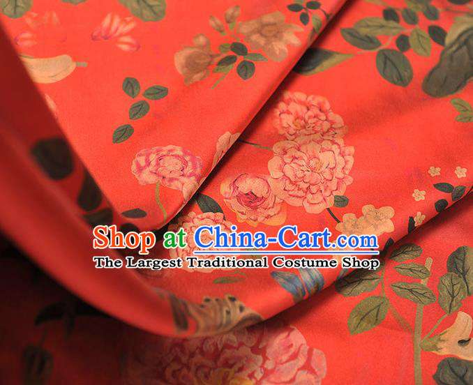 Chinese Traditional Red Gambiered Guangdong Gauze Cheongsam Classical Spring Flowers Pattern Silk Fabric Satin Cloth