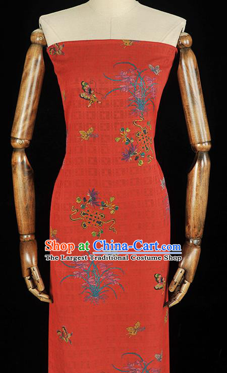 Chinese Cheongsam Classical Orchids Butterfly Pattern Silk Fabric Jacquard Cloth Traditional Red Gambiered Guangdong Gauze