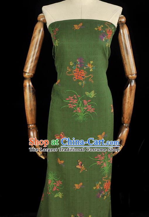 Chinese Cheongsam Jacquard Cloth Traditional Green Gambiered Guangdong Gauze Classical Orchids Butterfly Pattern Silk Fabric