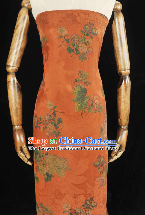 Chinese Traditional Gambiered Guangdong Gauze Jacquard Silk Fabric Cheongsam Classical Chrysanthemum Peony Pattern Orange Satin Cloth