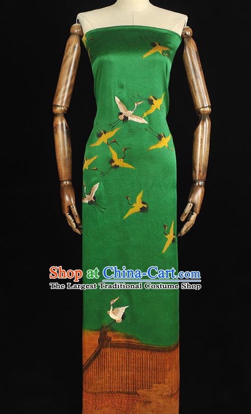 China Traditional Embroidered Cranes Pattern Silk Fabric Classical Cheongsam Green Satin Cloth