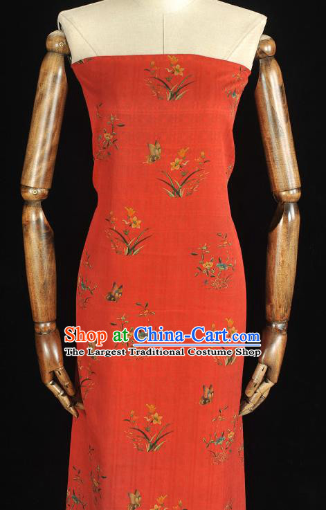 Chinese Classical Orchids Pattern Cloth Traditional Cheongsam Red Silk Fabric Gambiered Guangdong Gauze