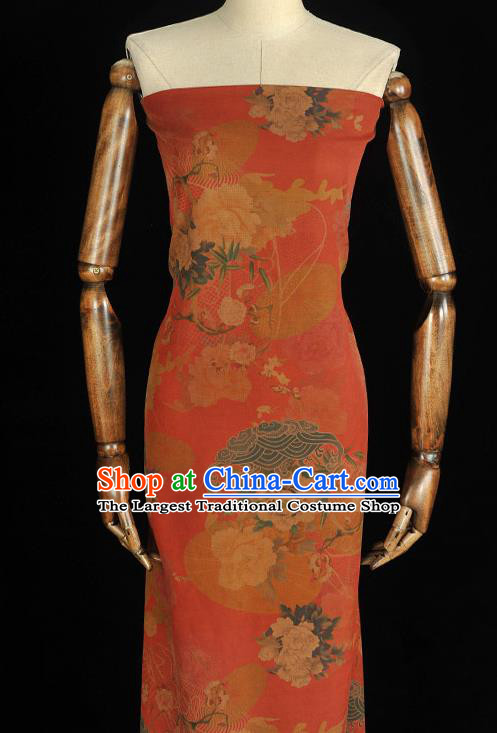 Chinese Traditional Gambiered Guangdong Gauze Classical Peony Pattern Cloth Cheongsam Red Silk Fabric