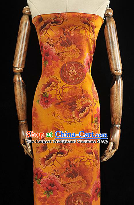 Chinese Traditional Fabric Ginger Gambiered Guangdong Gauze Cheongsam Satin Classical Lotus Peony Pattern Silk Material