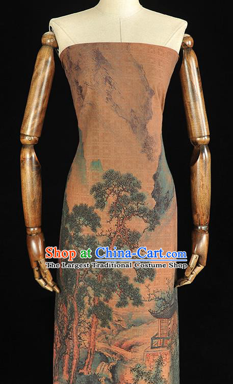 Chinese Cheongsam Gambiered Guangdong Gauze Traditional Jacquard Brown Fabric Classical Hill Pavilion Pattern Silk Cloth