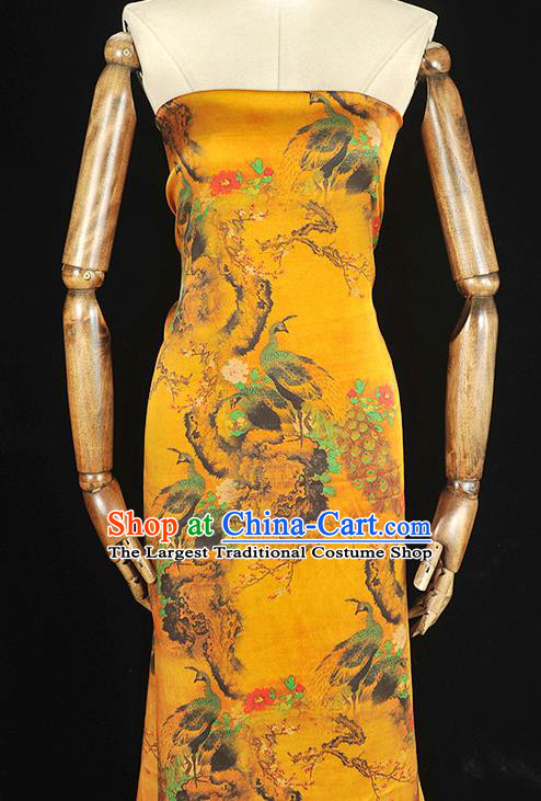 Traditional Yellow Satin Material Gambiered Guangdong Gauze Chinese Cheongsam Classical Peacock Peony Pattern Silk Fabric