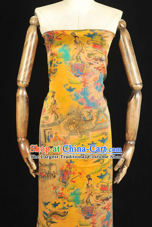 Traditional Gambiered Guangdong Gauze Chinese Cheongsam Classical Goddess Pattern Silk Fabric Yellow Jacquard Material