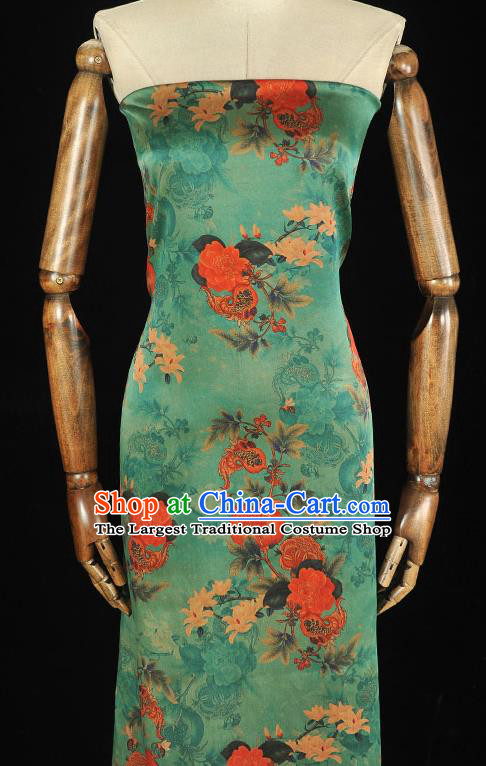 Top Chinese Classical Cheongsam Satin Fabric Traditional Pomegranate Peony Pattern Silk Material Green Gambiered Guangdong Gauze