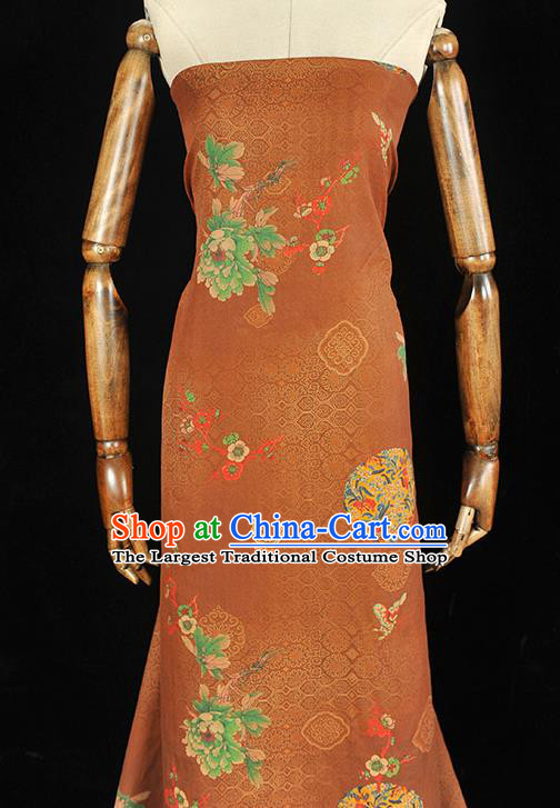 Brown Chinese Gambiered Guangdong Gauze Traditional Peony Butterfly Pattern Silk Fabric Classical Cheongsam Satin Material