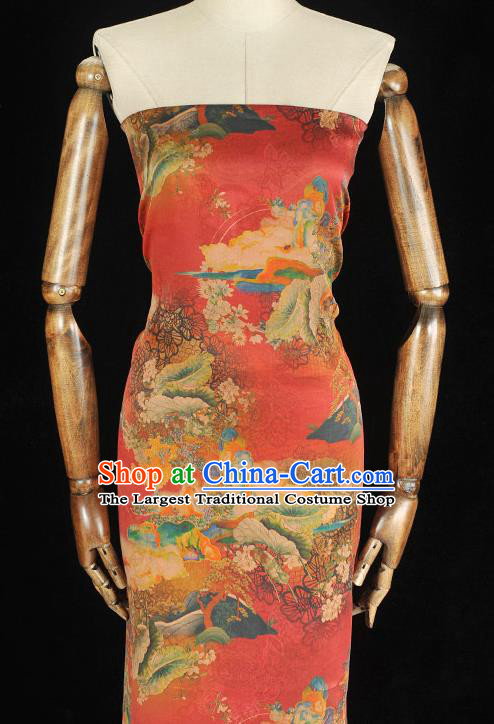 Top Chinese Classical Cheongsam Red Gambiered Guangdong Gauze Fabric Traditional Lotus Leaf Pattern Silk Material