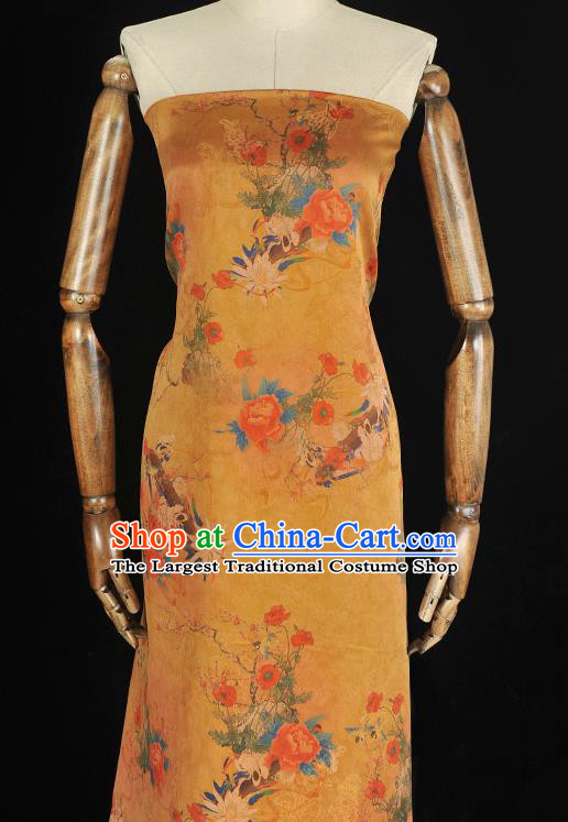 Top Chinese Jacquard Satin Classical Cheongsam Yellow Gambiered Guangdong Gauze Fabric Traditional Flowers Pattern Silk Material