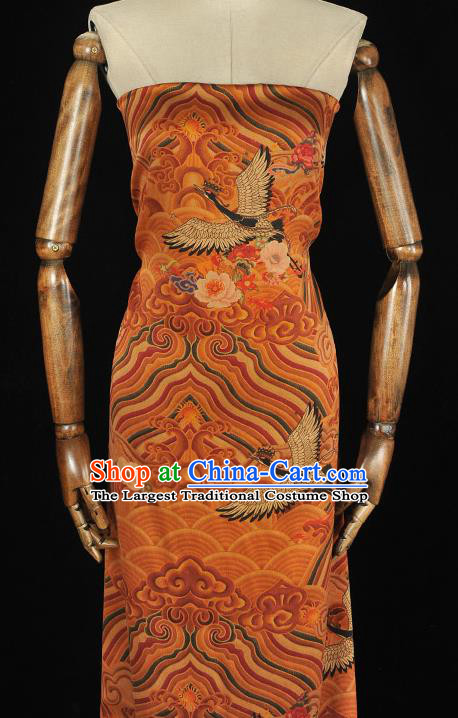 Chinese Traditional Cheongsam Ginger Satin Cloth Fabric Classical Wave Crane Pattern Silk Material