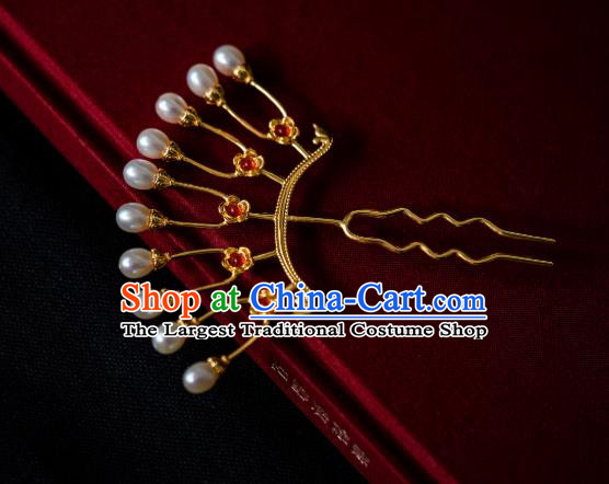 China Traditional Hanfu Hairpin Ancient Tang Dynasty Gilding Hair Comb Pearls Hair Accessories