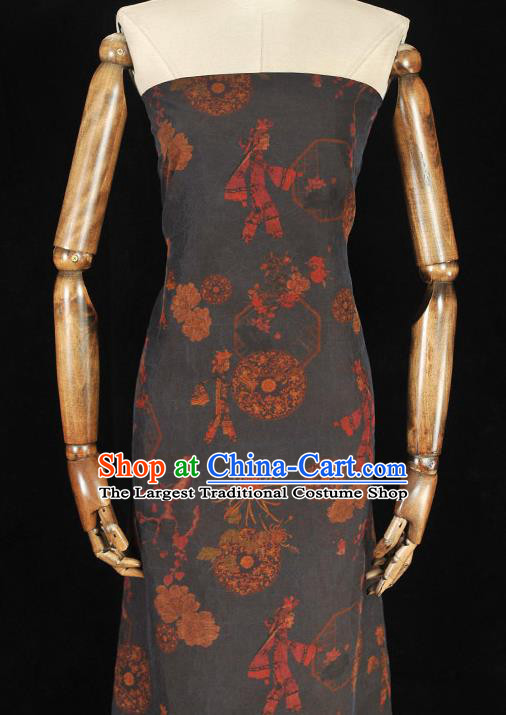 Chinese Traditional Gambiered Guangdong Gauze Cheongsam Craquelure Cloth Material Classical Shadow Puppetry Pattern Navy Silk Fabric