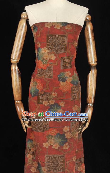 Chinese Dark Red Gambiered Guangdong Gauze Material Classical Blossom Pattern Silk Fabric Traditional Cheongsam Cloth