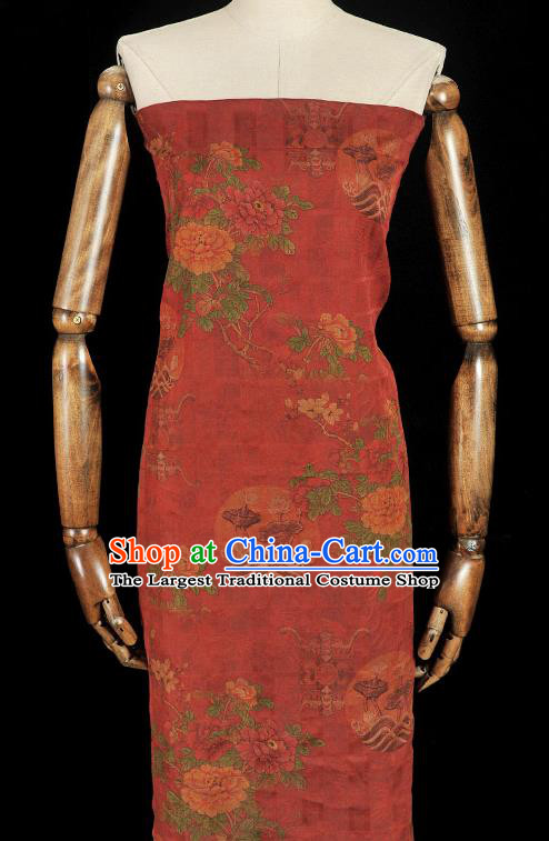 Chinese Cheongsam Cloth Material Classical Peony Flowers Pattern Silk Fabric Traditional Red Gambiered Guangdong Gauze