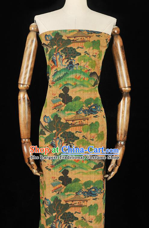 Chinese Cheongsam Yellow Cloth Material Traditional Gambiered Guangdong Gauze Classical Pavilion Pattern Silk Fabric